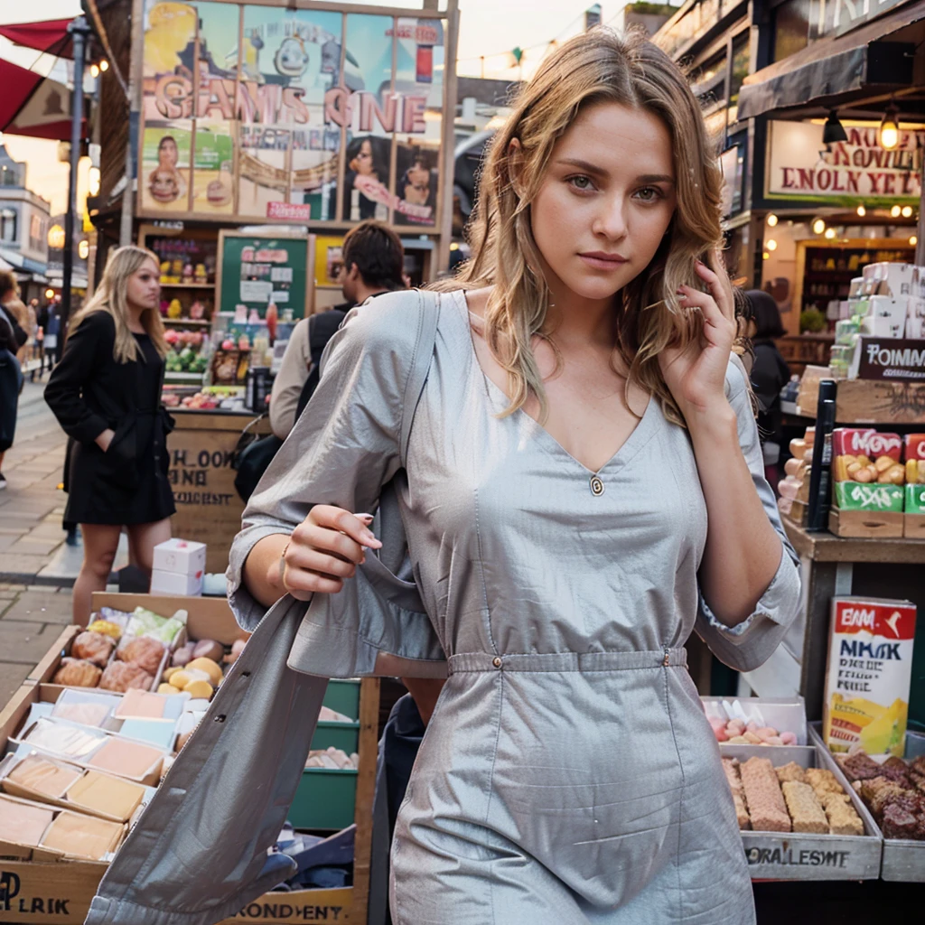 Weibliches Supermodel. Camden Markt, London. Pastellgraues Abendkleid. Sonnenuntergang