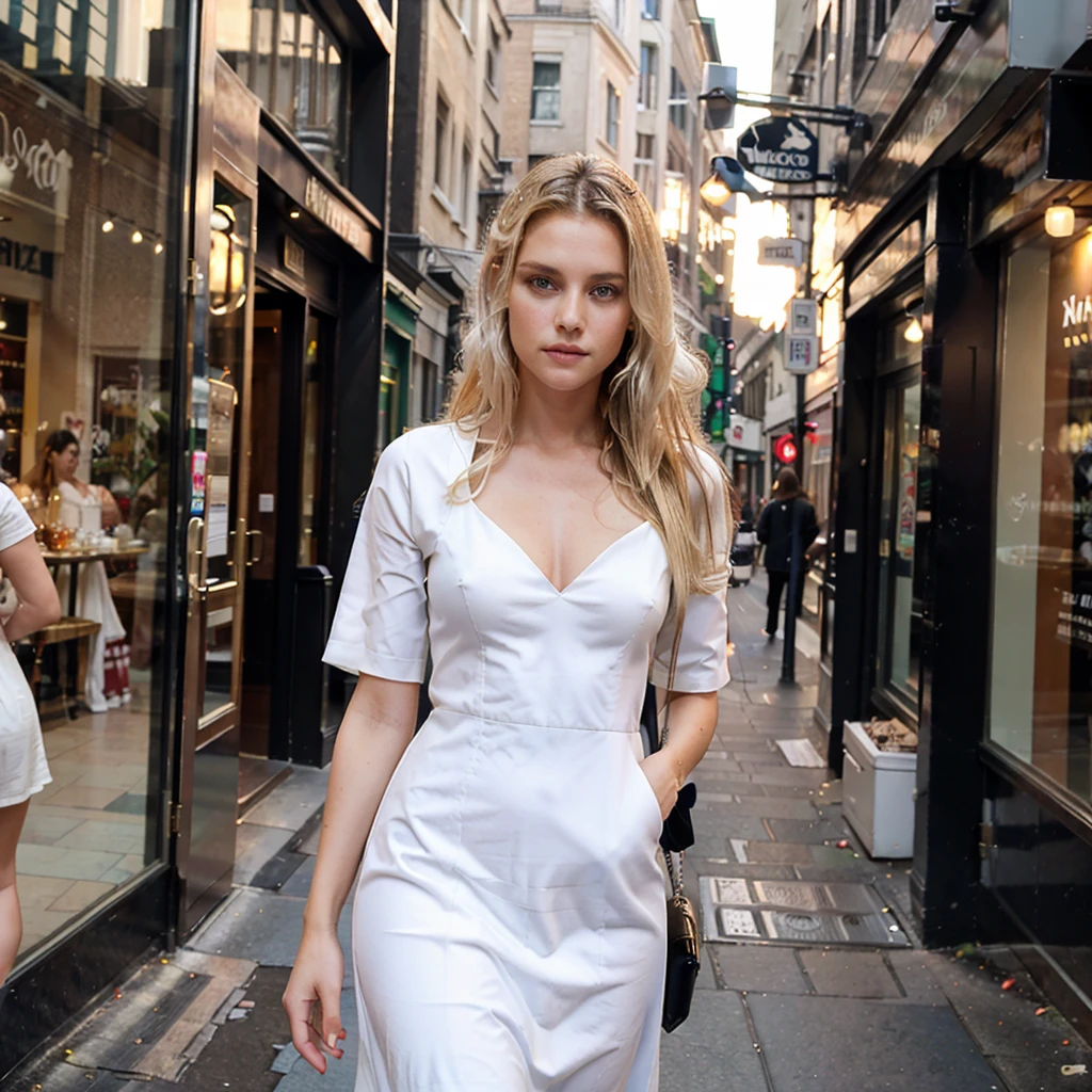 supermodelo femenina. Soho, Londres. Vestido de noche blanco. atardecer