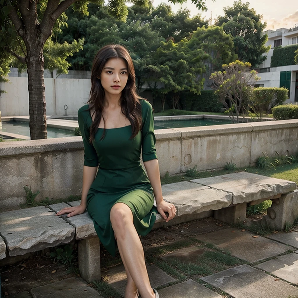 supermodelo femenina. Se sienta en un banco de piedra. Galería de arte PTT. vestido de noche verde. atardecer.