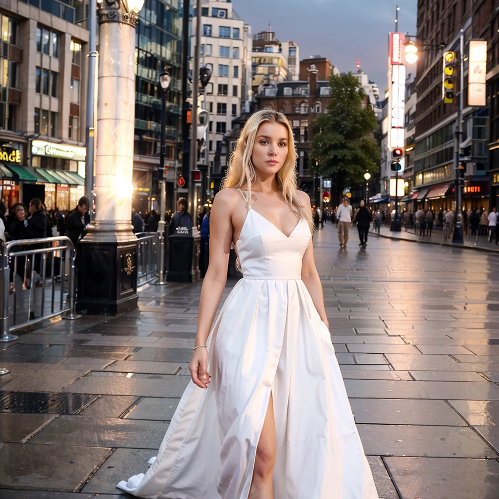 supermodelo femenina. Leicester Square, Londres. Vestido de noche blanco. atardecer