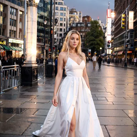 Female supermodel. Leicester Square, London. White evening dress. Sunset