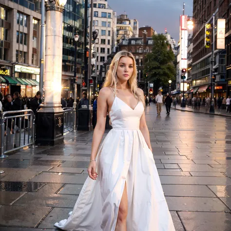 female supermodel. leicester square, london. white evening dress. sunset