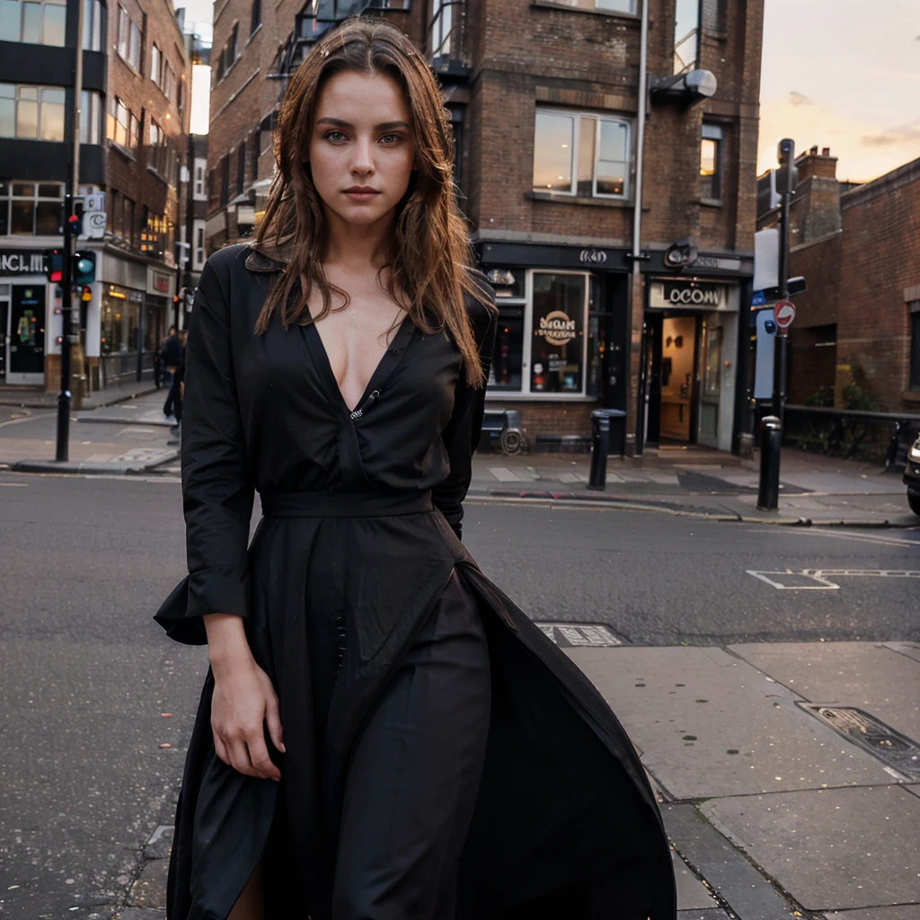 Weibliches Supermodel. Shoreditch, London. schwarzes Abendkleid. Sonnenuntergang