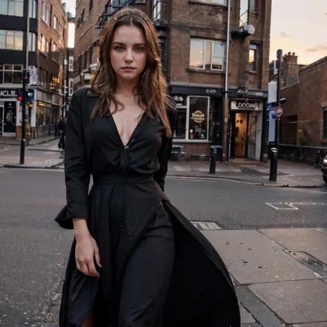 Female supermodel. Shoreditch, London. Black evening dress. Sunset