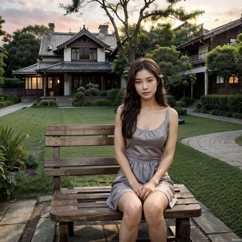 Female supermodel. Sits on wooden bench. Kunawong House Museum. Pastel gray evening dress. Sunset.