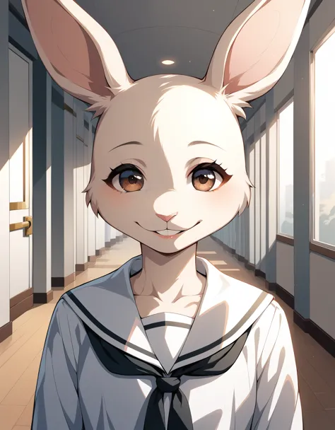 score_9, score_8_up, score_7_up, score_6_up,   harubeastars, smile, mouth closed, hallway, school, looking at viewer, hands behi...