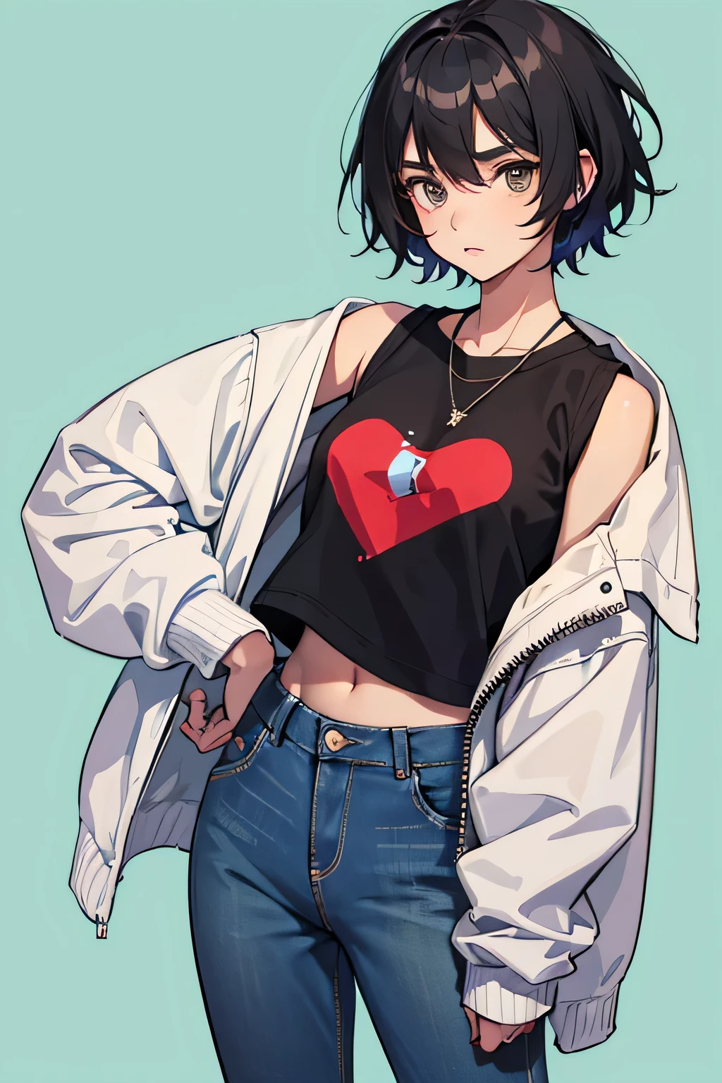 Transgender girl. A girl that looks like a boy because she was born a male. She has a flat chest. She is wearing and oversized sweatshirt and jeans