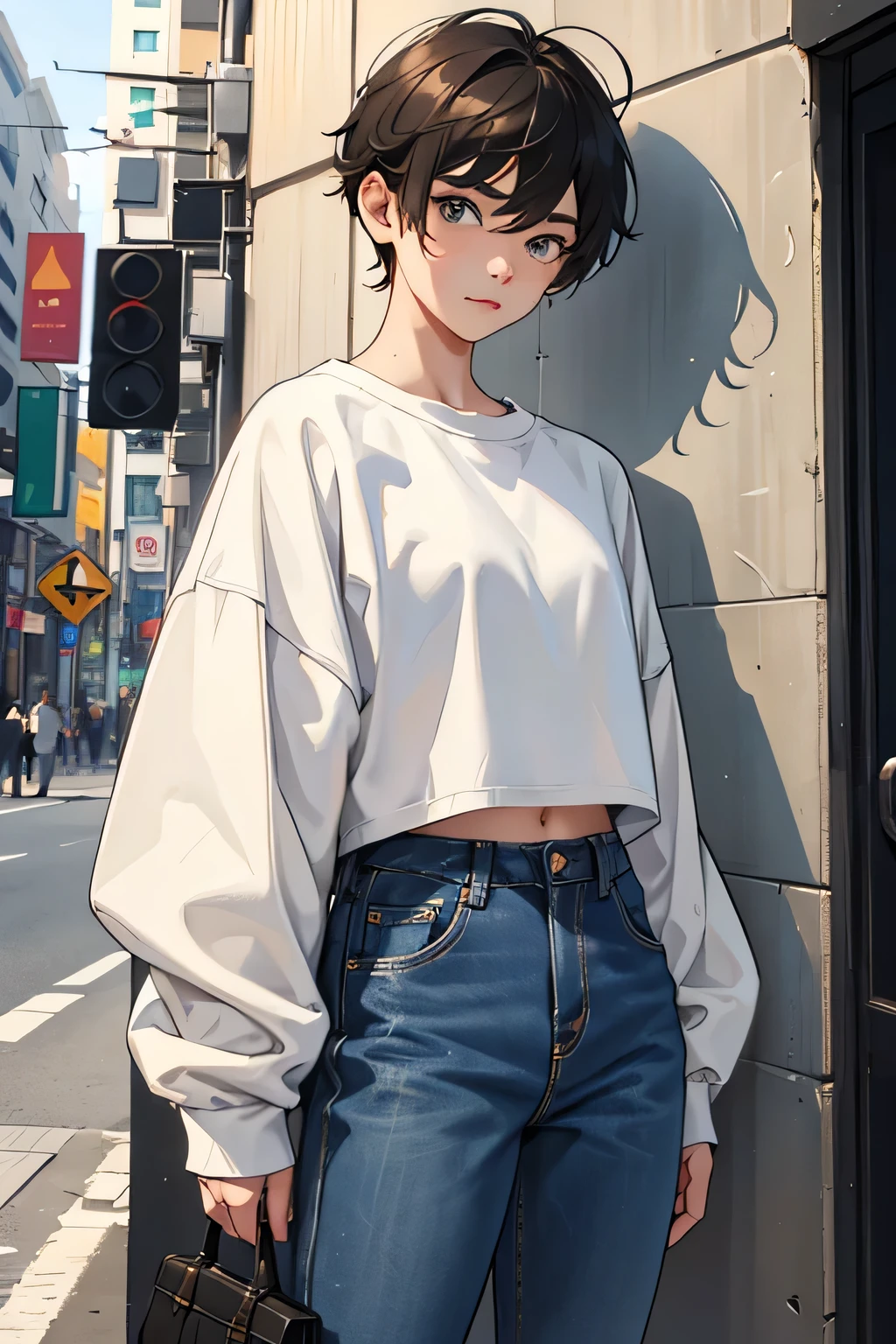 Transgender girl. A girl that looks like a boy because she was born a male. She has a flat chest. She is wearing and oversized sweatshirt and jeans