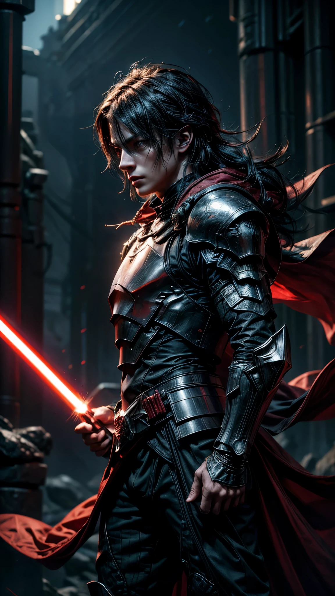 a Jedi on a dragon, man in futuristic dark armor, dragon in futuristic armor, flying dragon, man holding a red lightsaber, realistic painting style, (best quality,4k,8k,highres,masterpiece:1.2),ultra-detailed,(realistic,photorealistic,photo-realistic:1.37),HDR,UHD,studio lighting,ultra-fine painting,sharp focus,physically-based rendering,extreme detail description,professional,vivid colors,bokeh,dark moody lighting,cinematic lighting