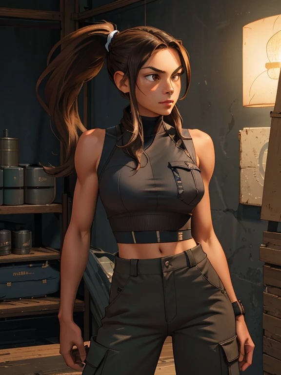 ink painting style, sketch, dynamic image of a female athlete with medium breasts and a toned body, very tousled dark brown tousled long hair tied in a ponytail, golden brown eyes, wearing an almost transparent racerback top, military-style trousers with patch pockets and massive high infantry boots, A play of chiaroscuro