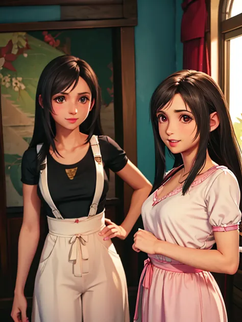 (obra maestra), (Alta calidad), (realista 1.5), (2 chicas),  aerith vistiendo una blusa blanca sin mangas y una falda negra,Tifa...