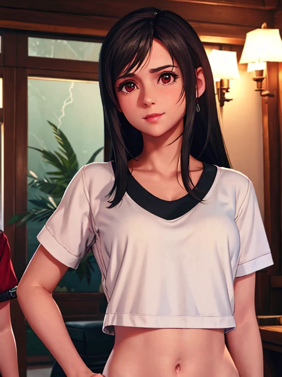 (obra maestra), (Alta calidad), (realista 1.5), (2 chicas),  aerith vistiendo una blusa blanca sin mangas y una falda negra,Tifa Lockhart waring vistiendo una blusa blanca sin mangas y una falda negra ,pechos medianos, pose sexy, sonrisa malvada, soft lightning, mirando al espectador, manteniendo contacto visual, manos precisas