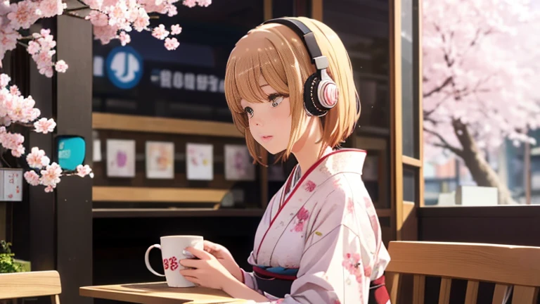 Hermosa chica con un kimono tomando café mientras escucha música con auriculares en una cafetería、iluminación cálida、Flores de cerezo en plena floración、estilo anime japonés
