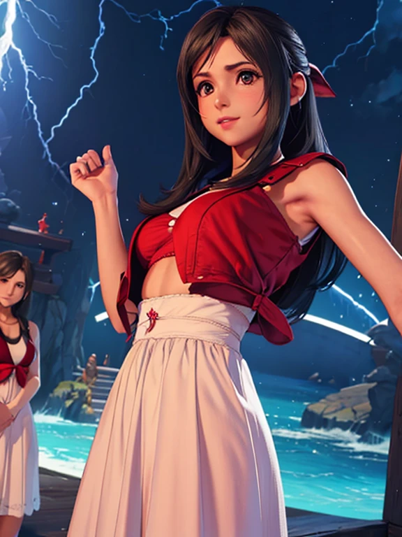 (Masterpiece), (high quality), (realistic 1.5), (2 girls),  Aerith Winsborough wearing a white sleeveless top and a black skirt & Tifa Lockhart waring wearing a white sleeveless blouse and a black skirt ,medium breasts, pose sexy, evil smile, soft lightning, looking at the viewer, maintaining eye contact, precise hands