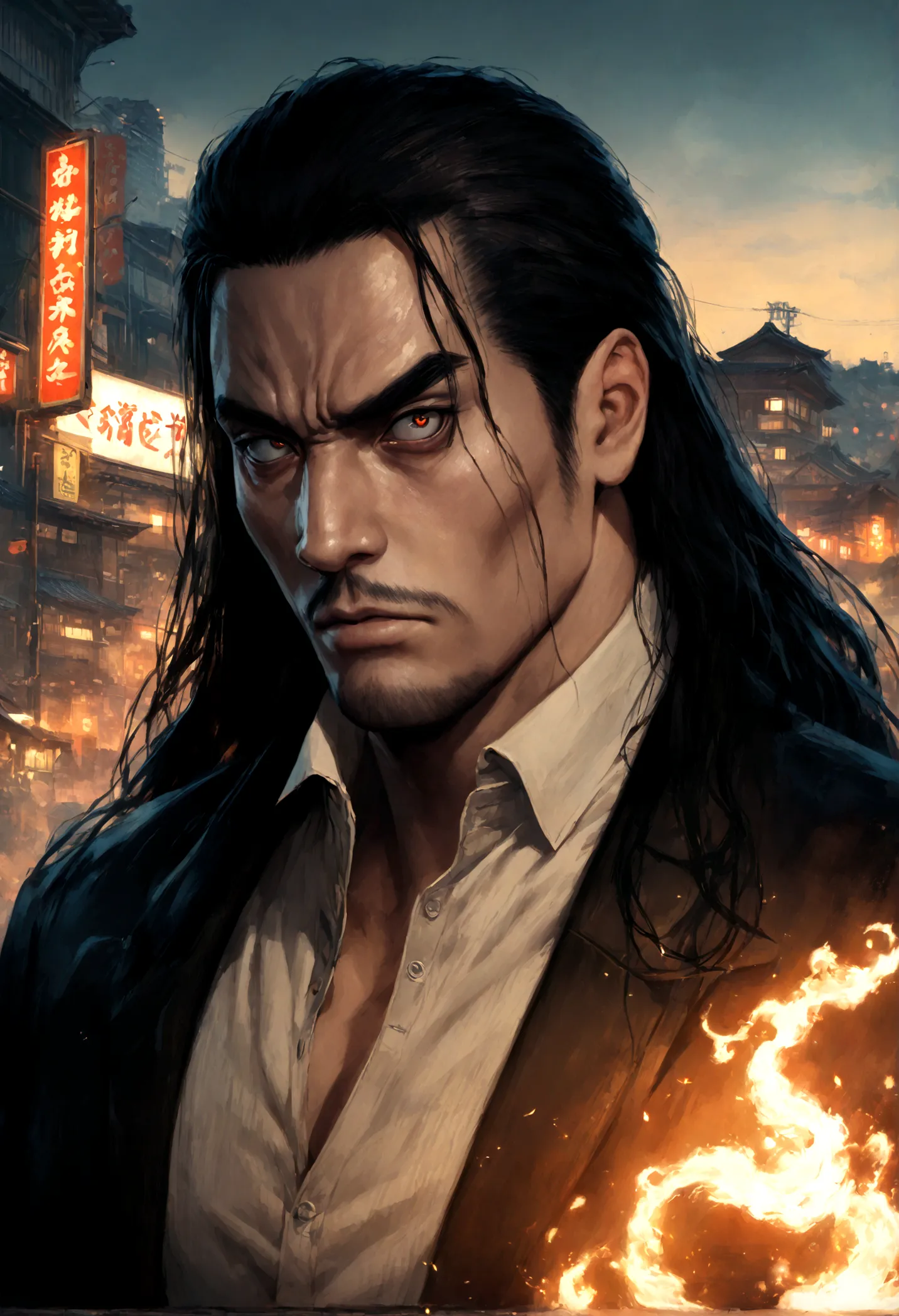 a man with long hair, furrowed brows, thick eyebrows, serious expression, high quality, ryu ga gotoku art style, yakuza game art...