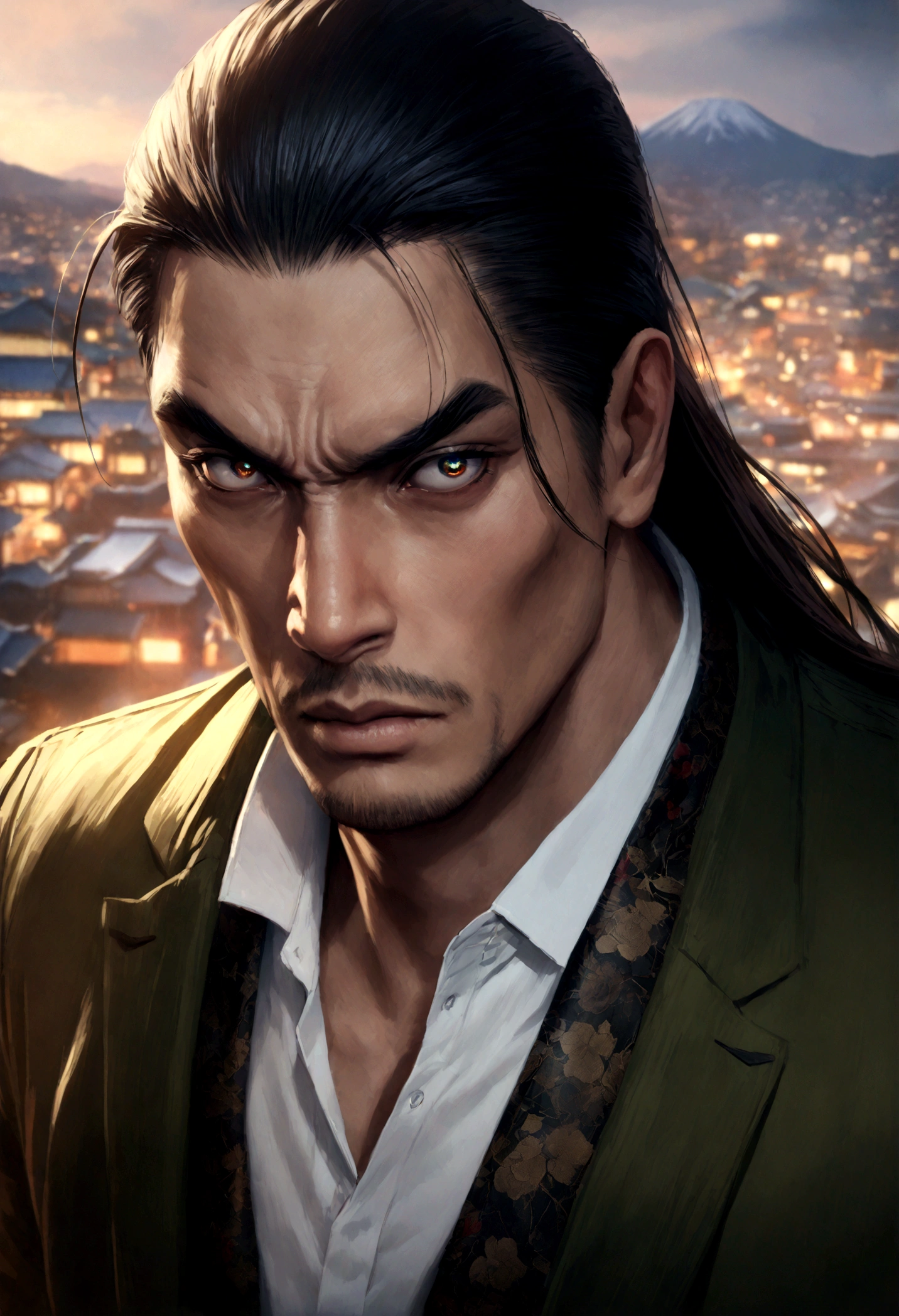 a man with long hair, furrowed brows, thick eyebrows, serious expression, high quality, ryu ga gotoku art style, yakuza game art style, yakuza 0 art style, game, kazuma kiryu, majima goro, realistic, (best quality,4k,8k,highres,masterpiece:1.2),ultra-detailed,cinematic lighting, dramatic lighting, detailed facial features, extremely detailed eyes and face, sharp focus, japan background, city