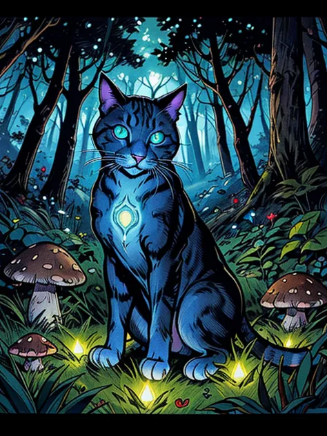 there is a cat that is sitting in the grass with mushrooms, green glowing eyes, magical glowing eyes, glowing eyes everywhere, w...