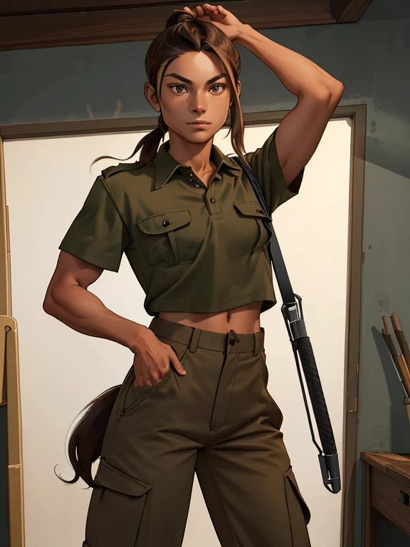 ink painting style, sketch, dynamic image of a young athlete with a toned body(flat chest:1.1), very tousled dark brown tousled long hair tied in a ponytail, golden brown eyes, wearing a khaki polo shirt, military-style trousers with patch pockets and massive high infantry boots, A play of chiaroscuro