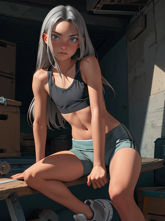 ink painting style, sketch, dynamic image of a teenage girl (14 years) with a slim teenage body(flat chest:1.3), Silver (gray-haired) tousled semi-long hair , blue eyes with a deep, heavy look of a man who has seen some bullshit, wearing a khaki T-shirt, tight little tight cycling shorts and sneakers, A play of chiaroscuro