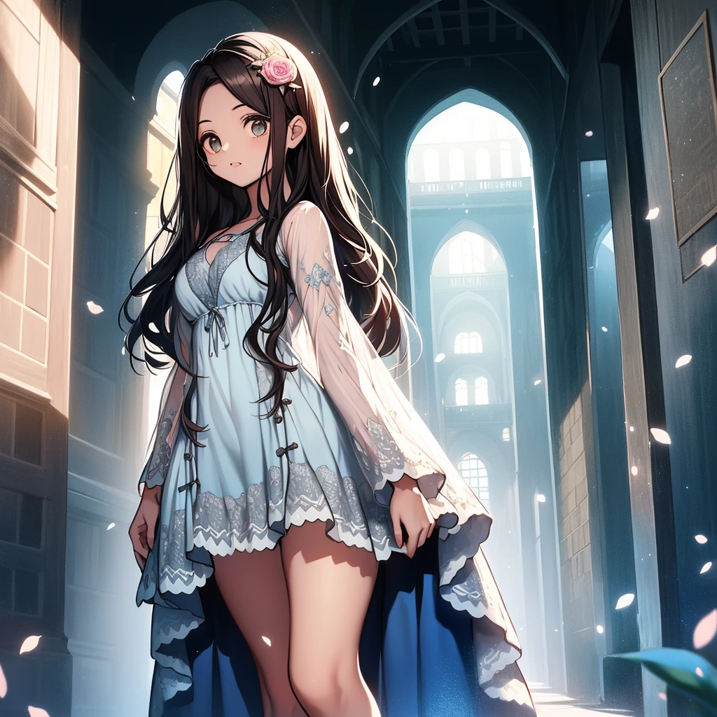 ((((ultra illustrated style:1.0)))),best qualityer,best animated,work of art,Ray tracing, Global illumination,face,1 girl, standing alone, in building, the night , whole body,standing, gazing at viewer, long lace gloves ,detailed dress with lace ,Lacos , navy blue navy dress , with black flower details , pink black dress