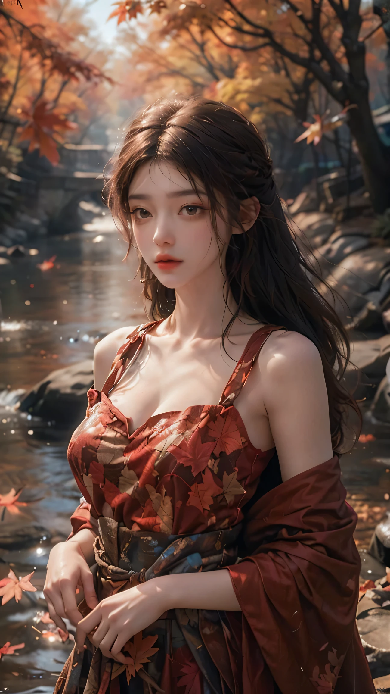 (fashion magazine cover:1.3),(full-size photograph:1.3),(a beautiful and delicate girl:1.2),(gorgeous formal attire:1.1),cleavage,(fashion design:1.1),a tender and watery gaze,elegant,
((Dadaism)),(creek:1.2),(free wind:1.1),(mist:1.1),warm and delicate sunshine,(red maple leaf:1.1),photography,