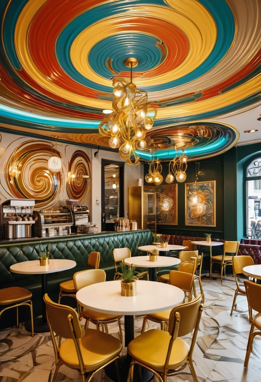 The interior of a café, with tables, chairs and decorative elements intermingling in a colorful swirl of golden highlights.