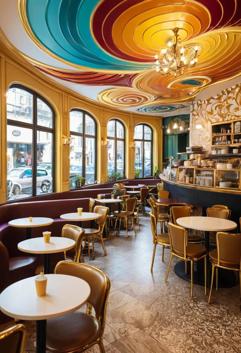 The interior of a café, with tables, chairs and decorative elements intermingling in a colorful swirl of golden highlights.