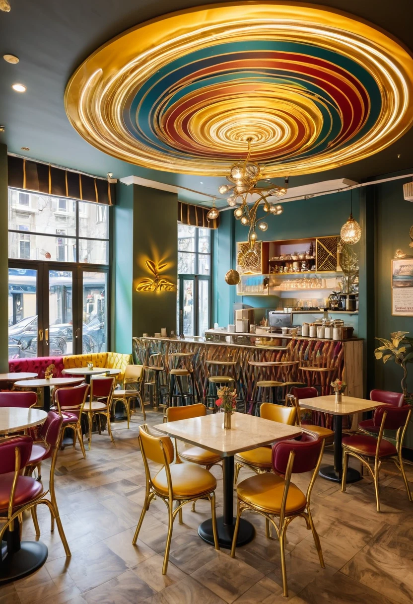 The interior of a café, with tables, chairs and decorative elements intermingling in a colorful swirl of golden highlights.