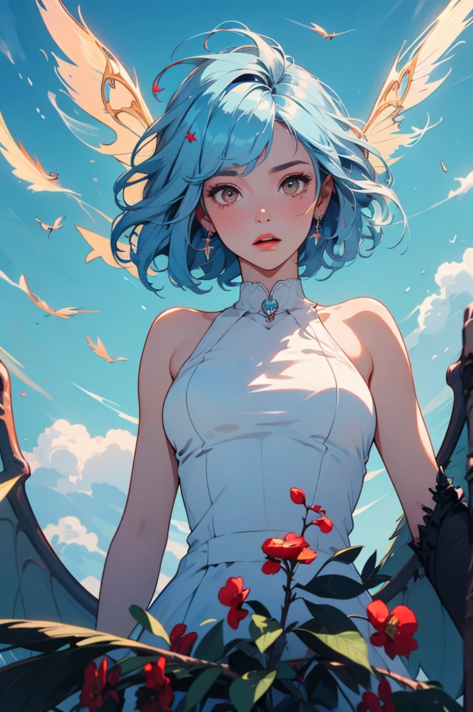 White dress, rooftop, 1 girl, full body, upper body, 1 Screen View, from below, illustration, 8K, highest quality, highly detailed, Beautiful expression, naughty, Cute face, scared, (Wings are growing:1.5), (masterpiece:1.2), (Beautiful Face:1.3), (fluffy bob cut:1.1), (sky blue hair:1.4), (flower hair ornament:0.8)																