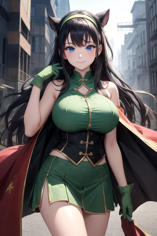 (masterpiece:1.3),(best quality:1.1),1girl,high quality,highres,absurdres,textless version,huge breasts,narrow waist,solo,cape, looking at viewer,sagging breasts,Industrial wind,Chinese architecture,full_shot,night,night sky,LoPoBiaElaine,1girl,solo,very long hair,blue eyes,pleated skirt,miniskirt,green shirt,black hair,green gloves,bare shoulders,hairband,sleeveless,brooch,green skirt,seductive smile,open clothes,