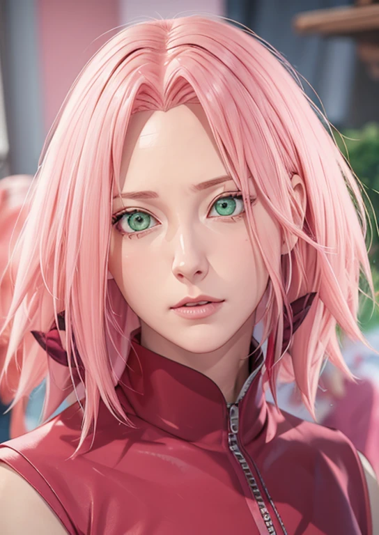 young woman, pale skin, short bubblegum pink hair, wide forehead, emerald green eyes, buttoned nose, peach lips, heart-shaped face, slender, red clothes, Sakura Haruno, 3d, realism, angelic face, maya in net
