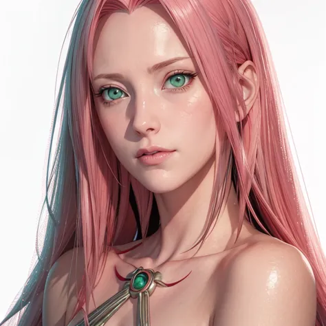 young woman, pale skin, short bubblegum pink hair, wide forehead, emerald green eyes, buttoned nose, peach lips, heart-shaped fa...