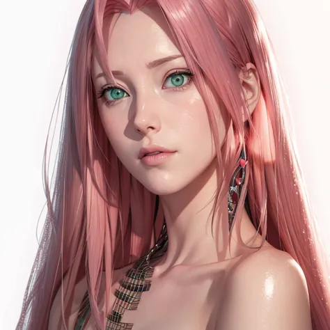 young woman, pale skin, short bubblegum pink hair, wide forehead, emerald green eyes, buttoned nose, peach lips, heart-shaped fa...