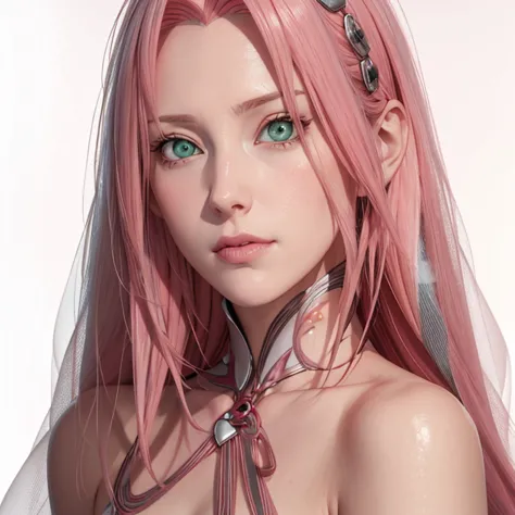 young woman, pale skin, short bubblegum pink hair, wide forehead, emerald green eyes, buttoned nose, peach lips, heart-shaped fa...