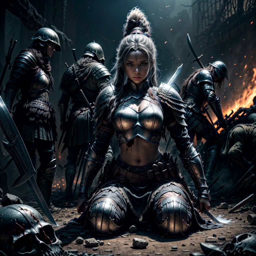 8K, Best Quality, Masterpiece, Ultra High Resolution, (highly detailed CG unity 8k wallpaper), (best illustration), (best shadows), isometric 3D, octane rendering, ray tracing, highly detailed, (wide panoramic view: 1.1), a female warrior in armor with a sword in her hands sits on a pile of mutilated corpses of dead monsters in the middle of an epic battlefield