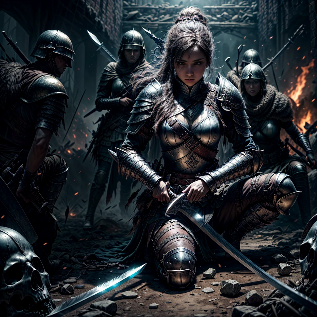 8K, Best Quality, Masterpiece, Ultra High Resolution, (highly detailed CG unity 8k wallpaper), (best illustration), (best shadows), isometric 3D, octane rendering, ray tracing, highly detailed, (wide panoramic view: 1.1), a female warrior in armor with a sword in her hands sits on a pile of mutilated corpses of dead monsters in the middle of an epic battlefield