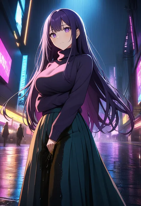 night, Colorful cyberpunk city background, rain, street, (very long hair:1.25), dark purple hair, purple eyes shining eyes, larg...