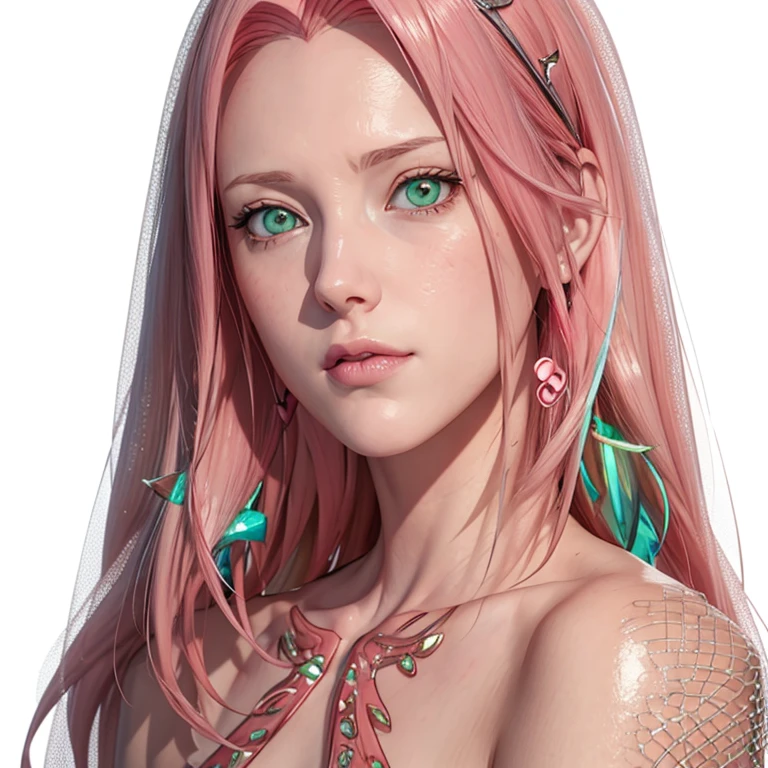 jeune femme, peau pâle, cheveux courts rose bubblegum, front large, Yeux vert émeraude, nez boutonné, lèvres pêche, coeur en forme de visage, mince, Vêtements rouges, Sakura Haruno, 3D, le réalisme, visage angélique, Maya en réseau
