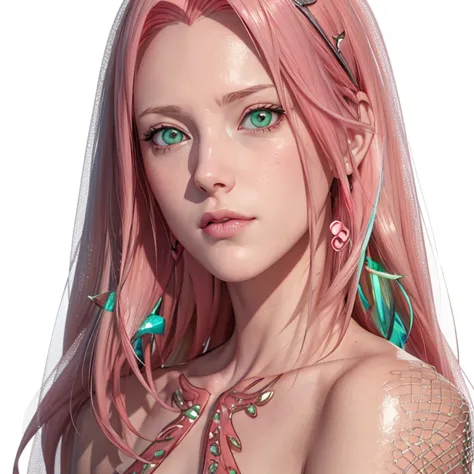 young woman, pale skin, short bubblegum pink hair, wide forehead, emerald green eyes, buttoned nose, peach lips, heart-shaped fa...