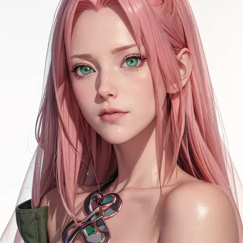 young woman, pale skin, short bubblegum pink hair, wide forehead, emerald green eyes, buttoned nose, peach lips, heart-shaped fa...