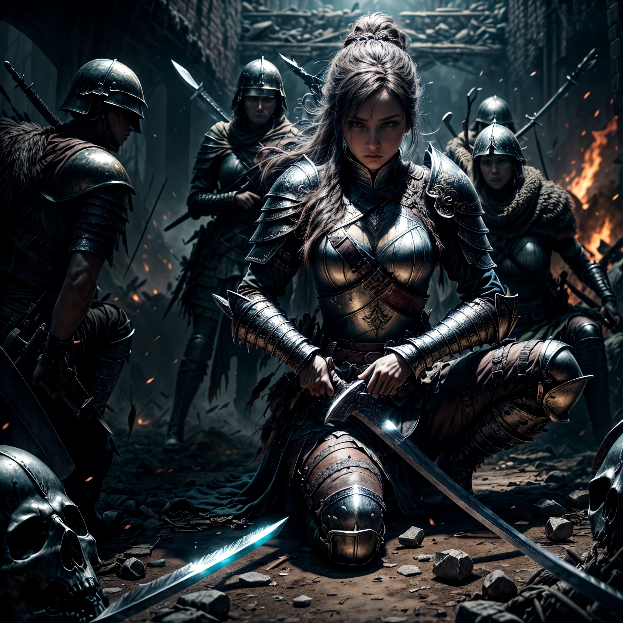 8K, Best Quality, Masterpiece, Ultra High Resolution, (highly detailed CG unity 8k wallpaper), (best illustration), (best shadows), isometric 3D, octane rendering, ray tracing, highly detailed, (wide panoramic view: 1.1), a female warrior in armor with a sword in her hands sits on a pile of mutilated corpses of dead monsters in the middle of an epic battlefield