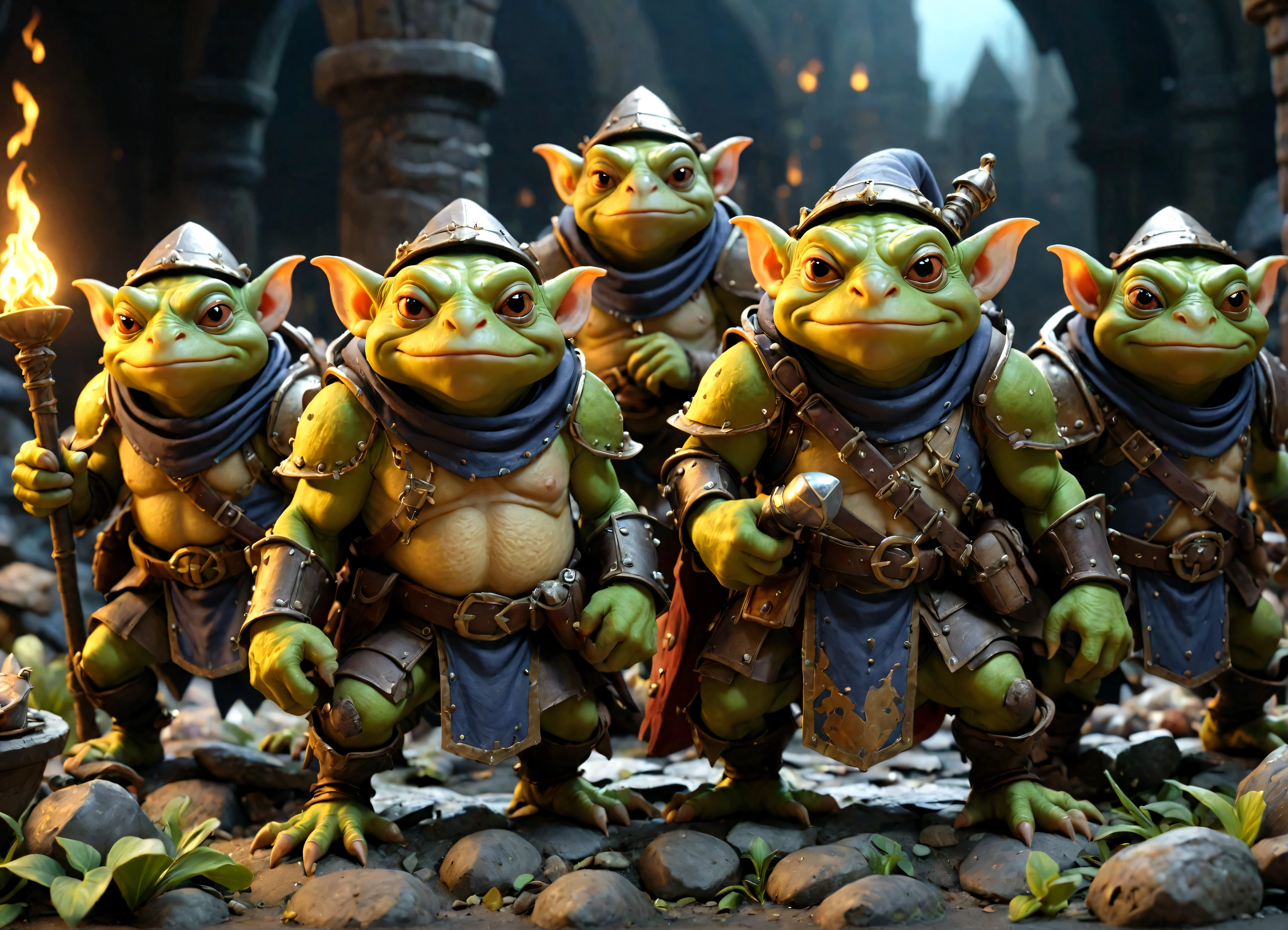 a squad of elite goblins, goblin sized toad, evil cowardly goblins, fighter cleric wizard thief, garbage versions of heroic armor, highly detailed, intricate, cinematic lighting, vibrant colors, 8k, hyper realistic, dark fantasy, masterpiece