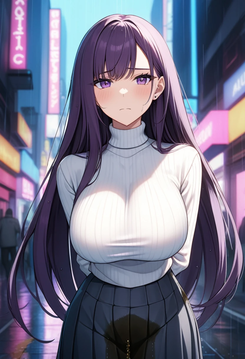 night, Colorful cyberpunk city background, rain, street, (very long hair:1.25), dark purple hair, purple eyes shining eyes, large breasts, turtleneck sweater, (long skirt:1.25), multicolored skirt, (wetting herself:1.5), stern expression, day, daytime, glow, looking at viewer, perfect composition, Perfect light and shadow, 8K