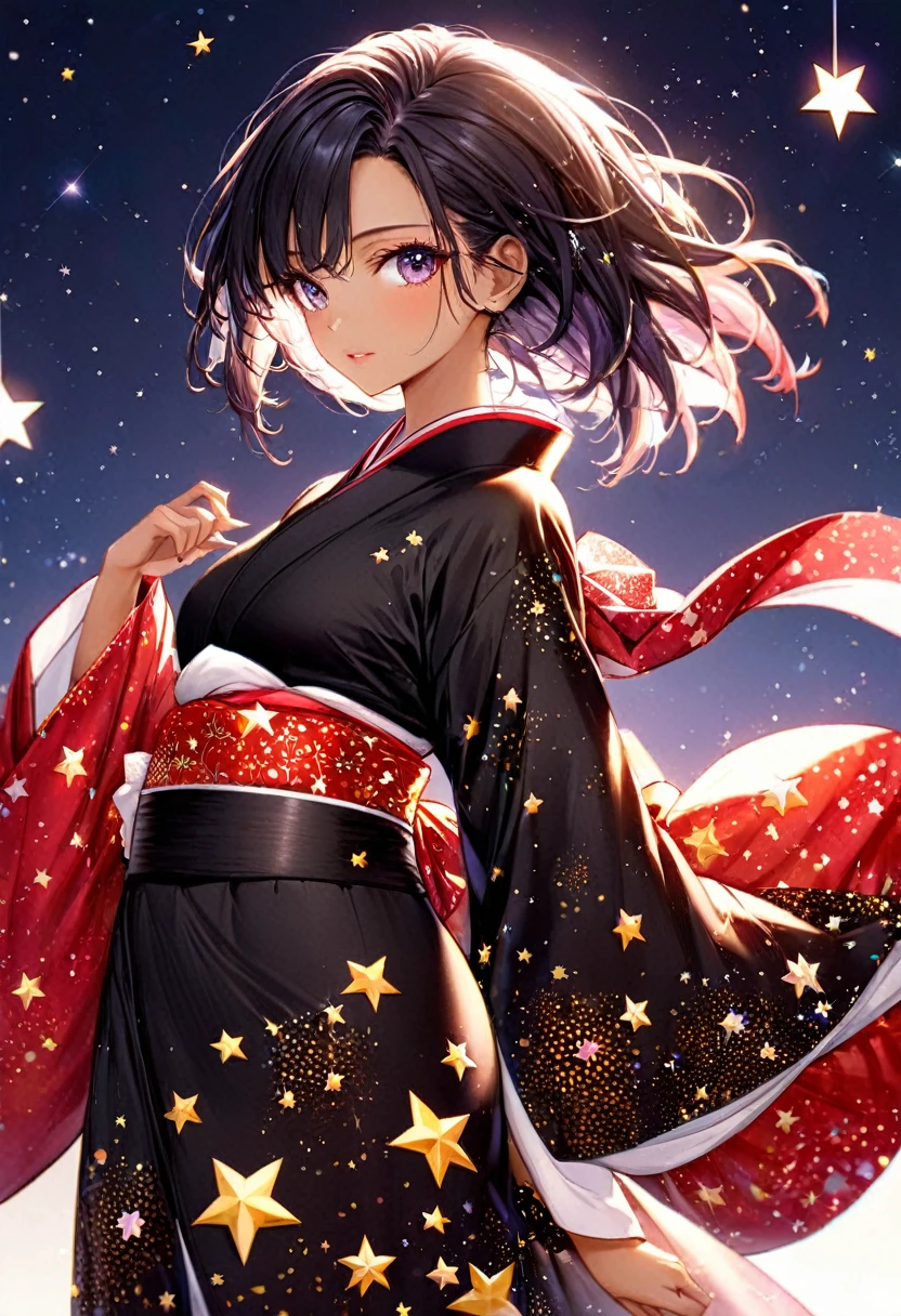 Une belle femme,cheveux noirs, tenue noire yeux rouges,porter un kimono, en regardant les étoiles,