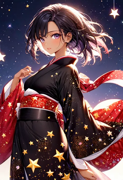 uma linda mulher,cabelo preto, roupa preta olhos vermelhos,usando kimono, olhando as estrelas,