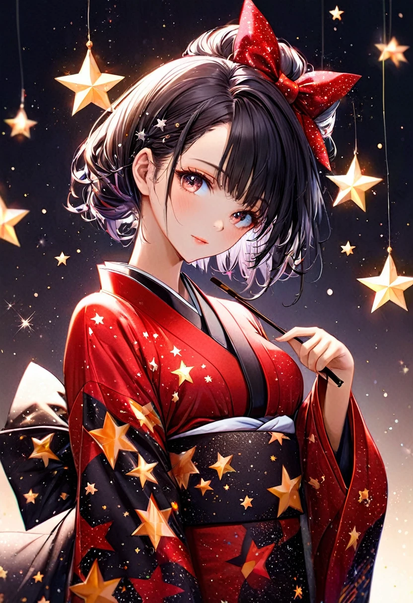 a beautiful woman,Bblack hair, black outfit red eyes,wearing kimono, looking at the stars,