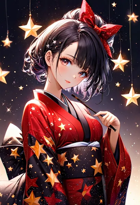 uma linda mulher,cabelo preto, roupa preta olhos vermelhos,usando kimono, olhando as estrelas,