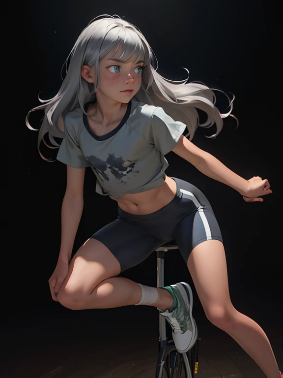 ink painting style, sketch, dynamic image of a teenage girl (14 years) with a slim teenage body(flat chest:1.3), Silver (gray-haired) tousled semi-long hair , blue eyes with a deep, heavy look of a man who has seen some bullshit, wearing a khaki T-shirt, tight little tight cycling shorts and sneakers, A play of chiaroscuro