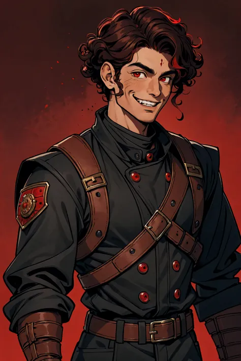 brown man, curly, medium hair, red eyes, black military jacket, baggy, smiling, masculine, robust, red background, science ficti...