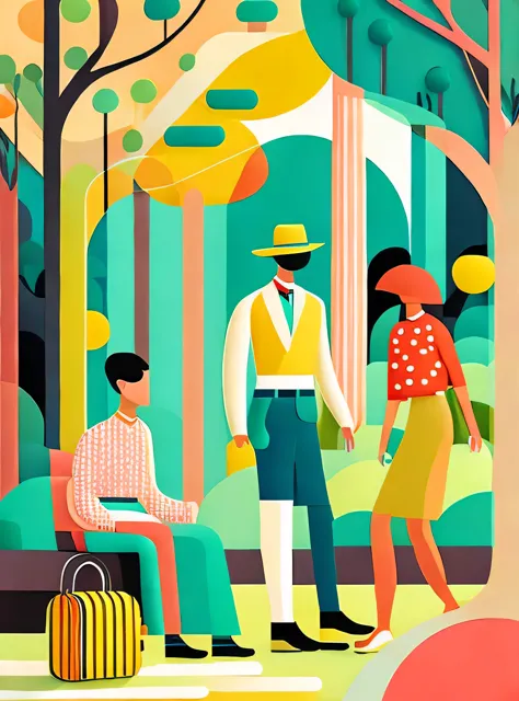 Vector illustration of young, fashionable men and women picnicking in the park, with flowing lines and warm colors set against a...